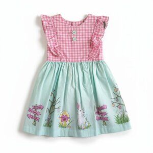 Eleanor Rose Girls Kids Floral Easter Bunny Egg Gingham Dress Size 5/6 Pink Teal
